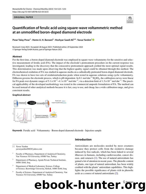 Quantification of ferulic acid using square-wave voltammetric method at an unmodified boron-doped diamond electrode by Pınar Talay Pınar & Hemn A. H. Barzani & Hoshyar Saadi Ali & Yavuz Yardım