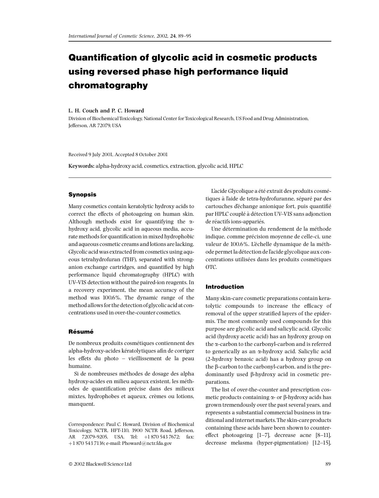Quantification of glycolic acid in cosmetic products using reversed phase high performance liquid chromatography by Unknown