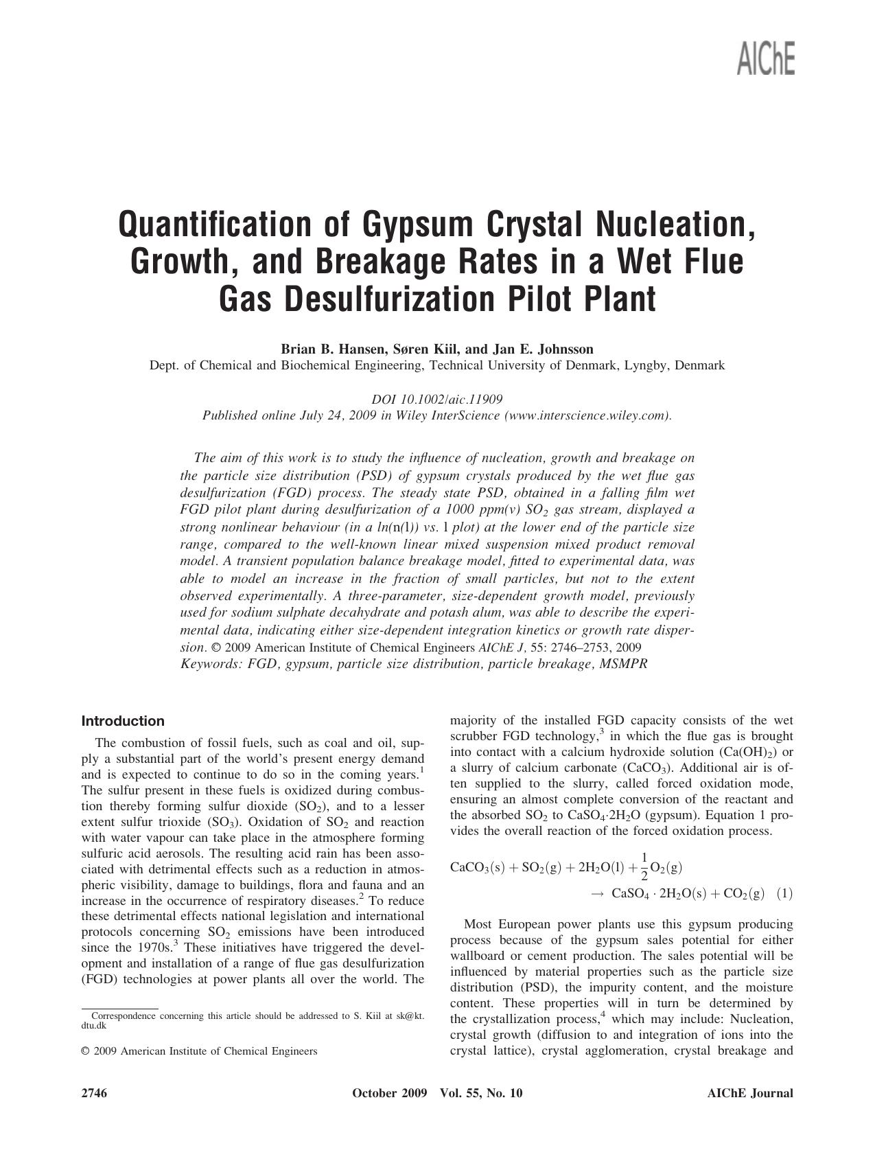 Quantification of gypsum crystal nucleation, growth, and breakage rates in a wet flue gas desulfurization pilot plant by Unknown