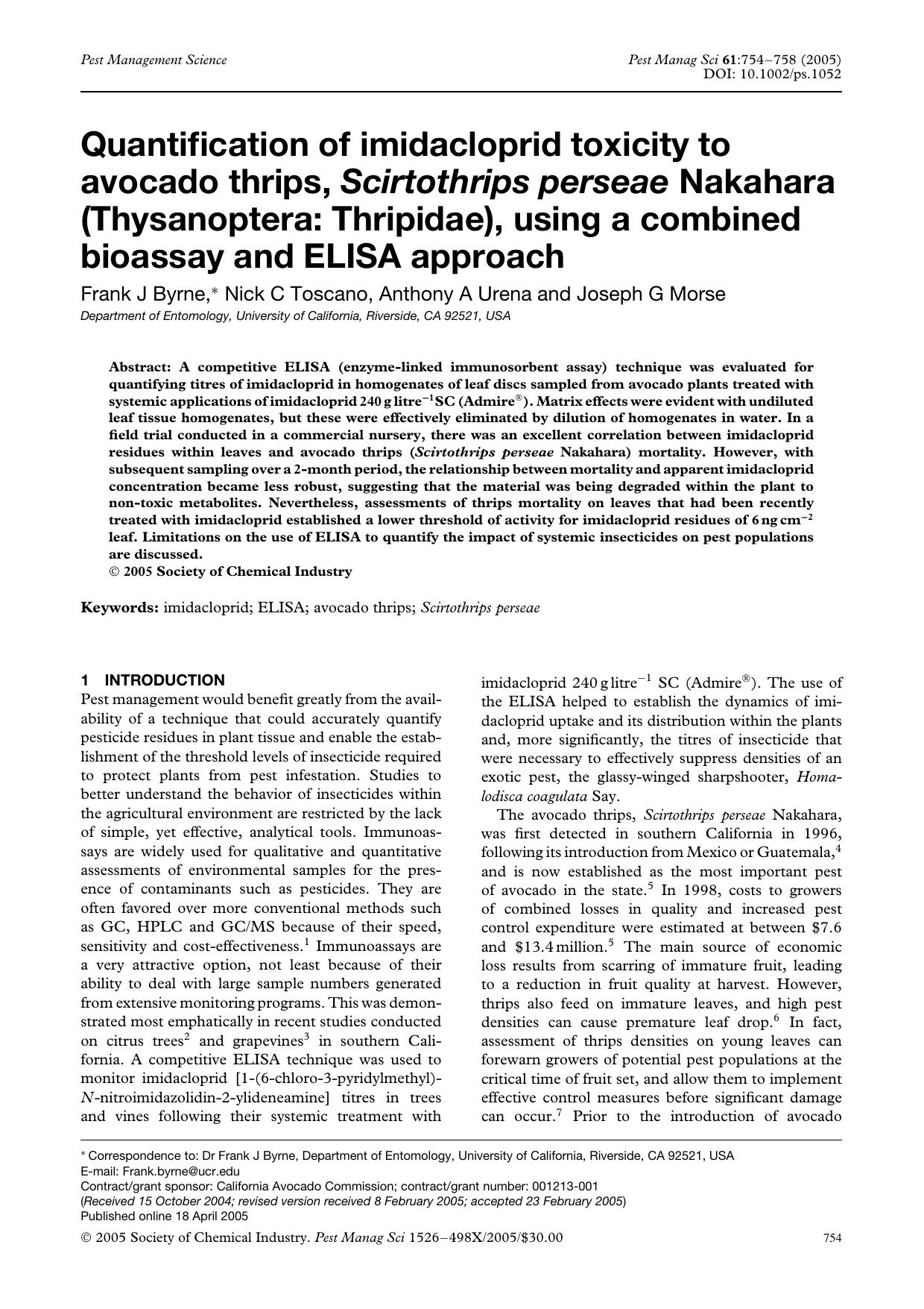 Quantification of imidacloprid toxicity to avocado thrips, Scirtothrips perseae Nakahara (Thysanoptera: Thripidae), using a combined bioassay and ELISA approach by Unknown