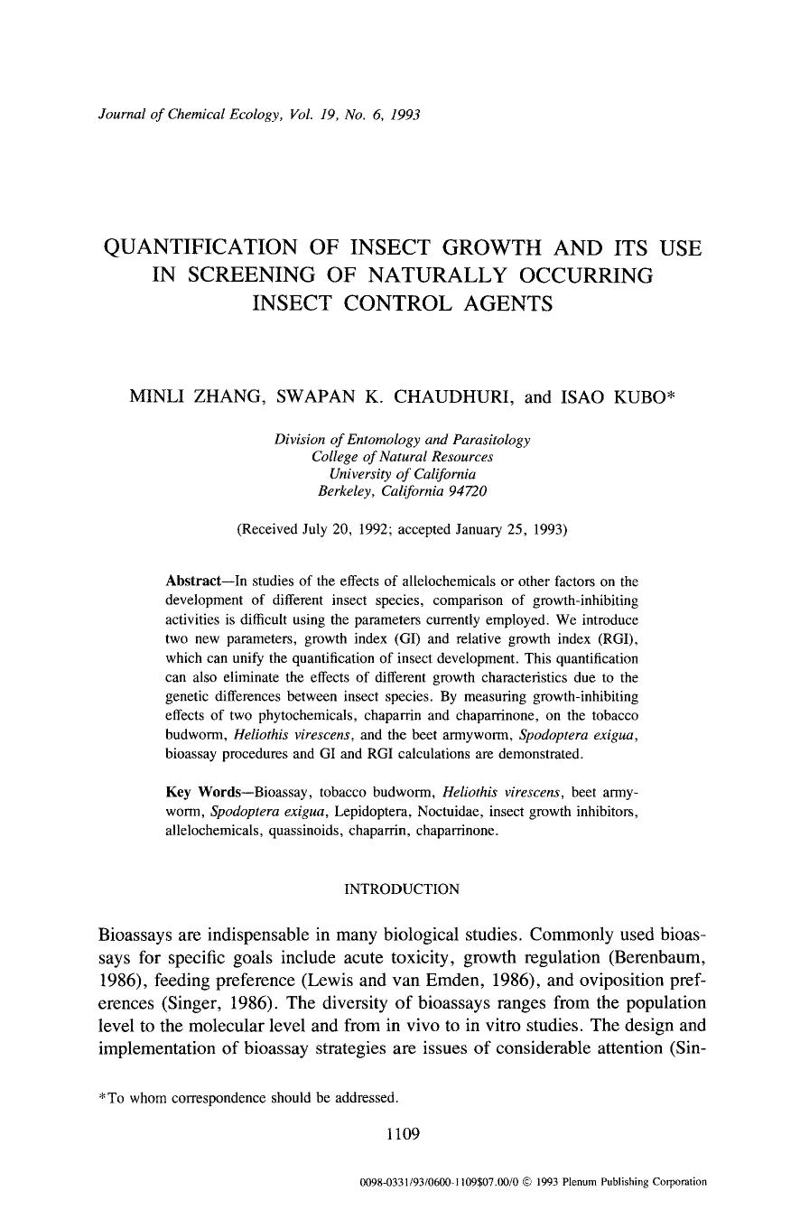 Quantification of insect growth and its use in screening of naturally occurring insect control agents by Unknown