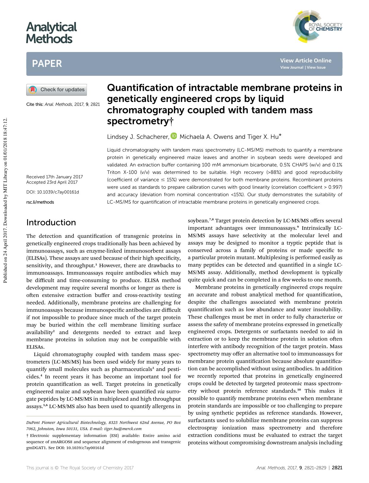 Quantification of intractable membrane proteins in genetically engineered crops by liquid chromatography coupled with tandem mass spectrometry by Lindsey J. Schacherer & Michaela A. Owens & Tiger X. Hu