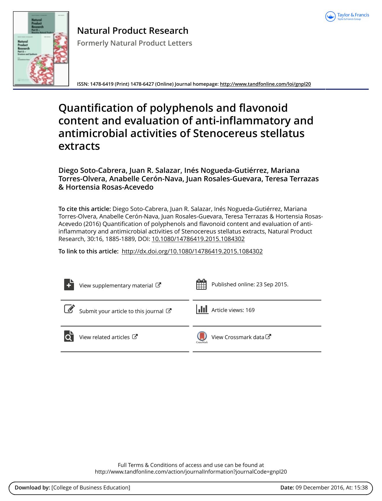 Quantification of polyphenols and flavonoid content and evaluation of anti-inflammatory and antimicrobial activities of Stenocereus stellatus extracts by unknow