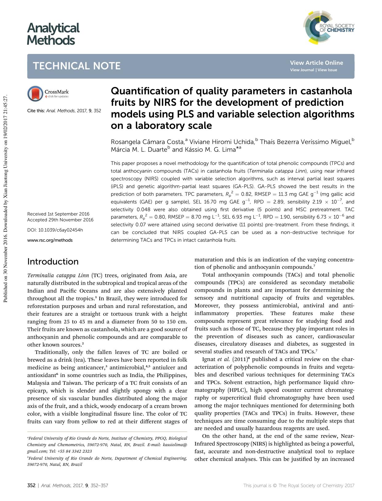 Quantification of quality parameters in castanhola fruits by NIRS for the development of prediction models using PLS and variable selection algorithms on a laboratory scale by unknow
