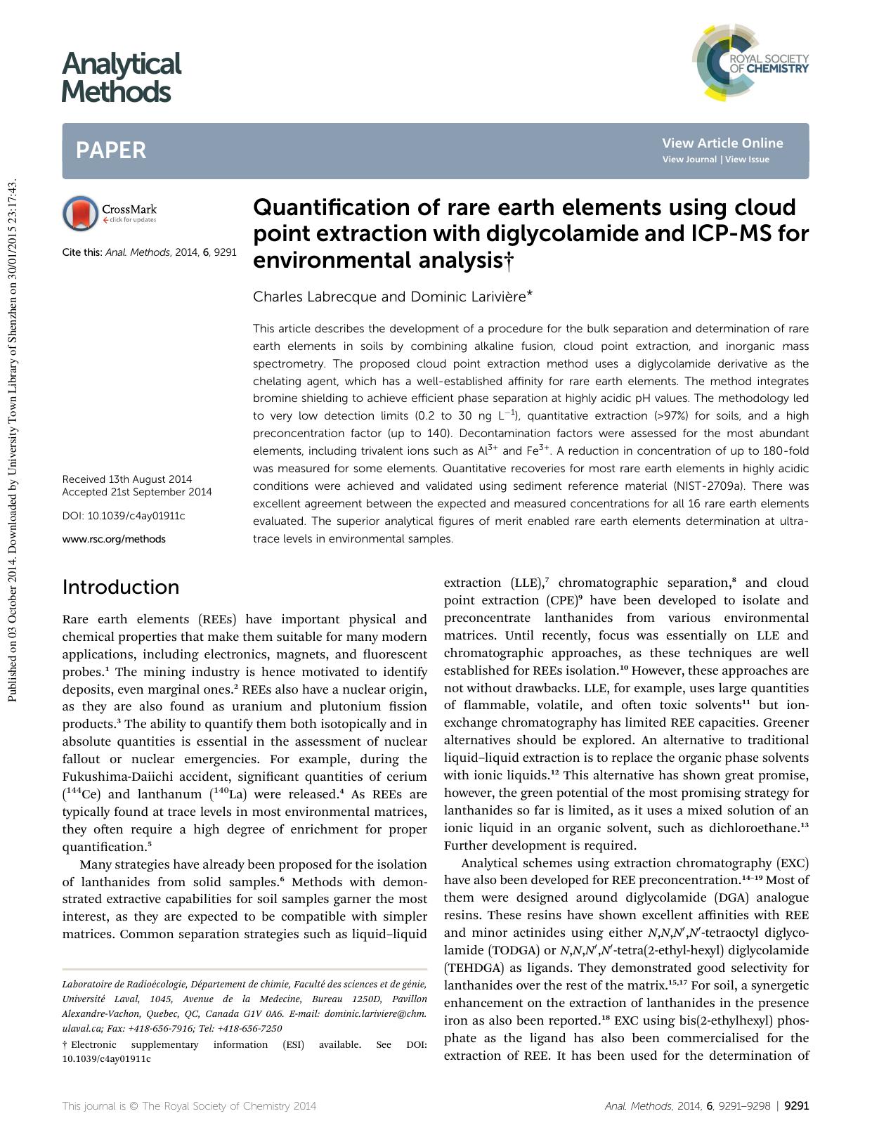 Quantification of rare earth elements using cloud point extraction with diglycolamide and ICP-MS for environmental analysis by Charles Labrecque & Dominic Larivière
