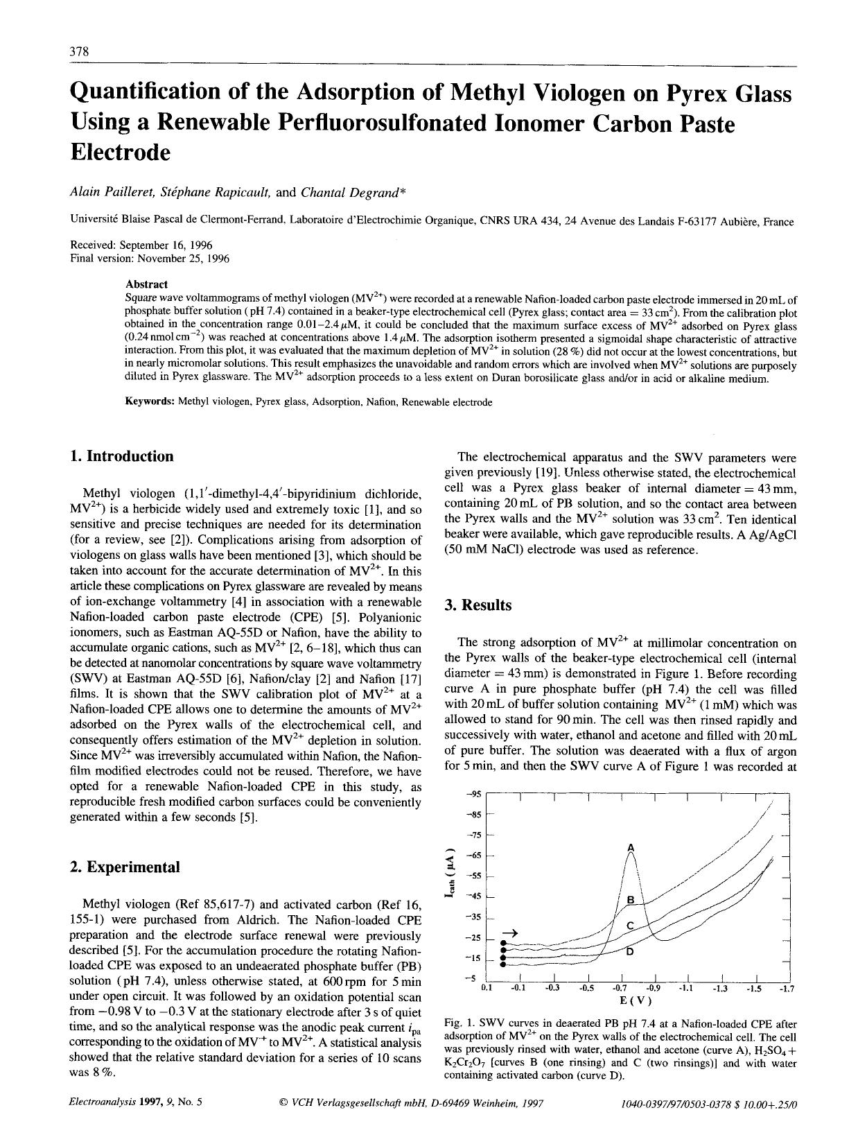 Quantification of the adsorption of methyl viologen on pyrex glass using a renewable perfluorosulfonated ionomer carbon paste electrode by Unknown