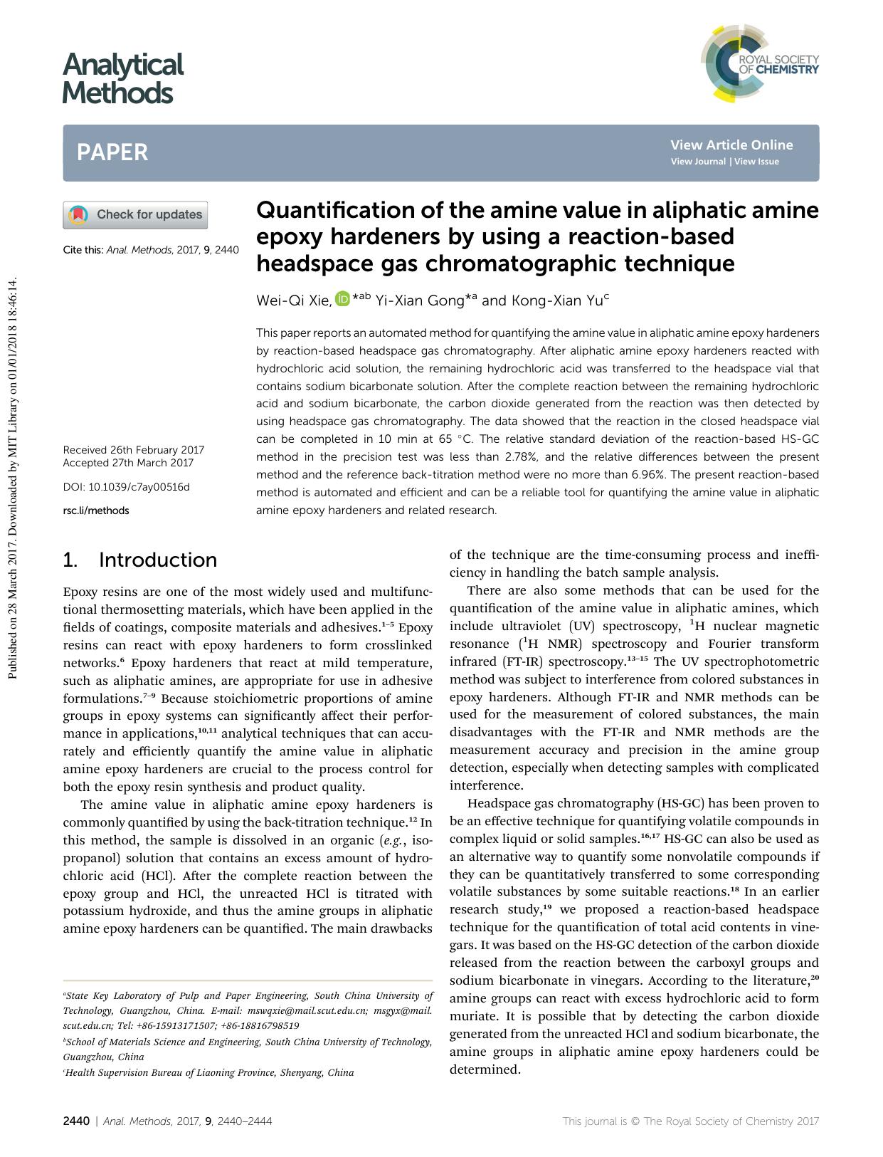 Quantification of the amine value in aliphatic amine epoxy hardeners by using a reaction-based headspace gas chromatographic technique by Wei-Qi Xie & Yi-Xian Gong & Kong-Xian Yu