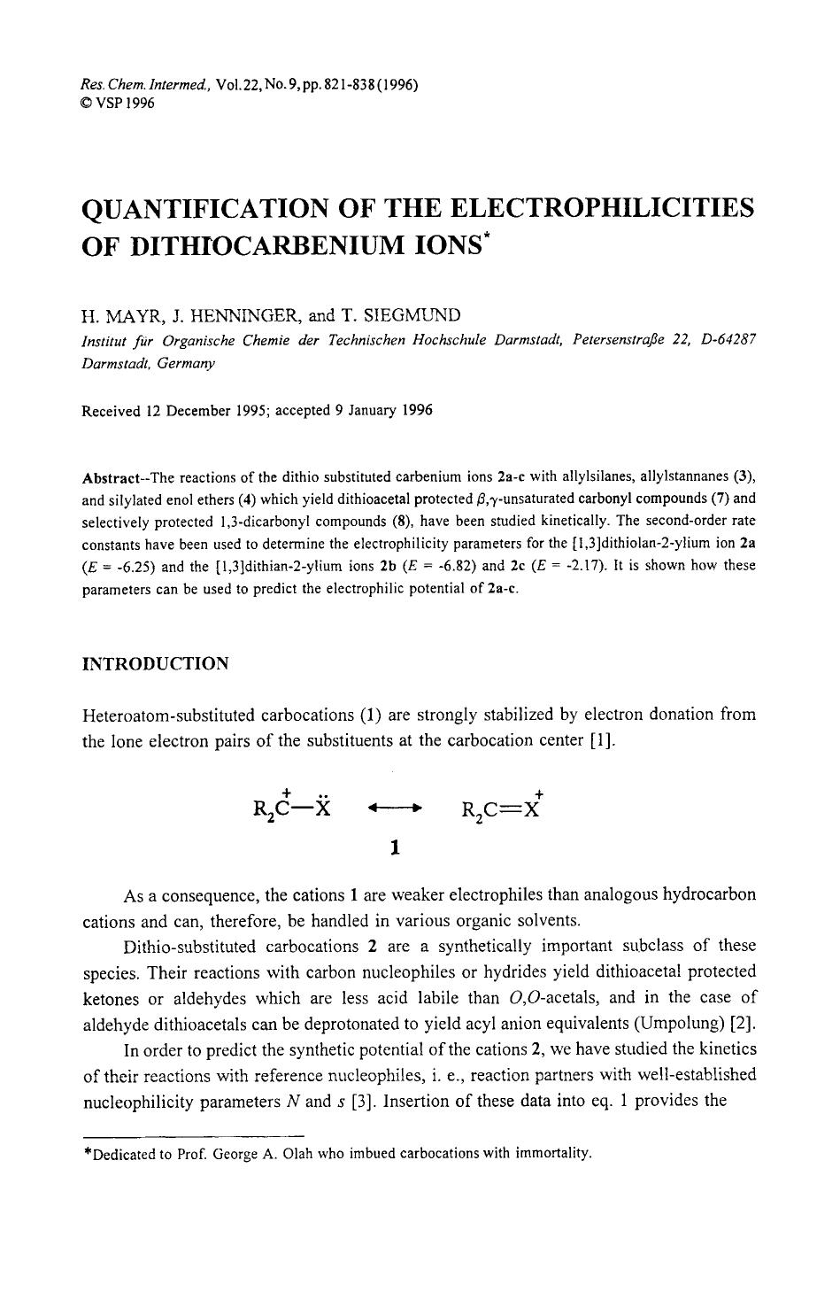 Quantification of the electrophilicities of dithiocarbenium ions by Unknown