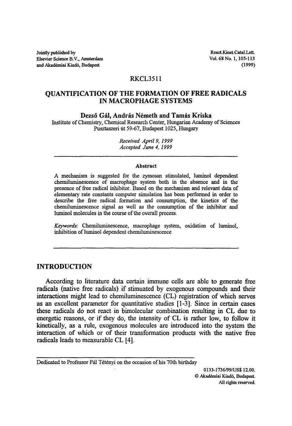 Quantification of the formation of free radicals in macrophage systems by Unknown