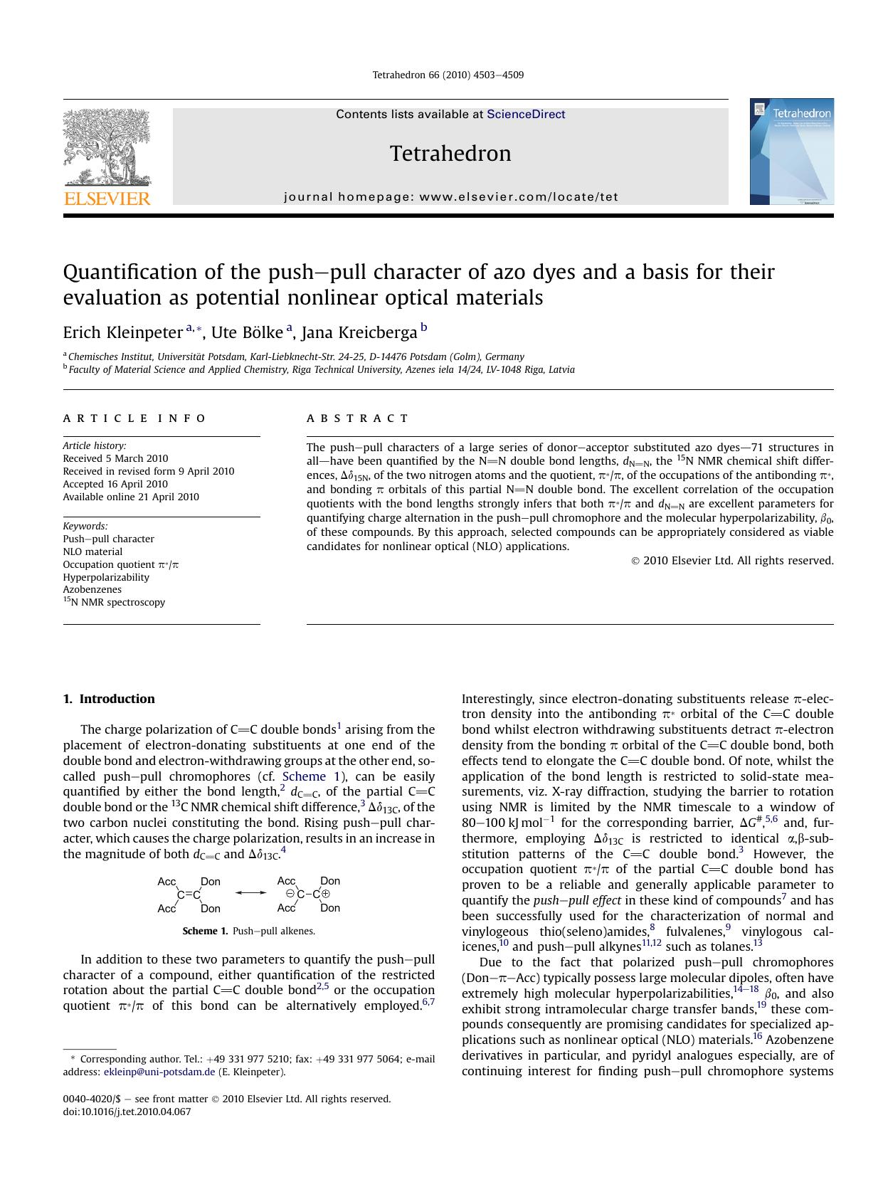 Quantification of the push-pull character of azo dyes and a basis for their evaluation as potential nonlinear optical materials by Ute Bölke & Jana Kreicberga