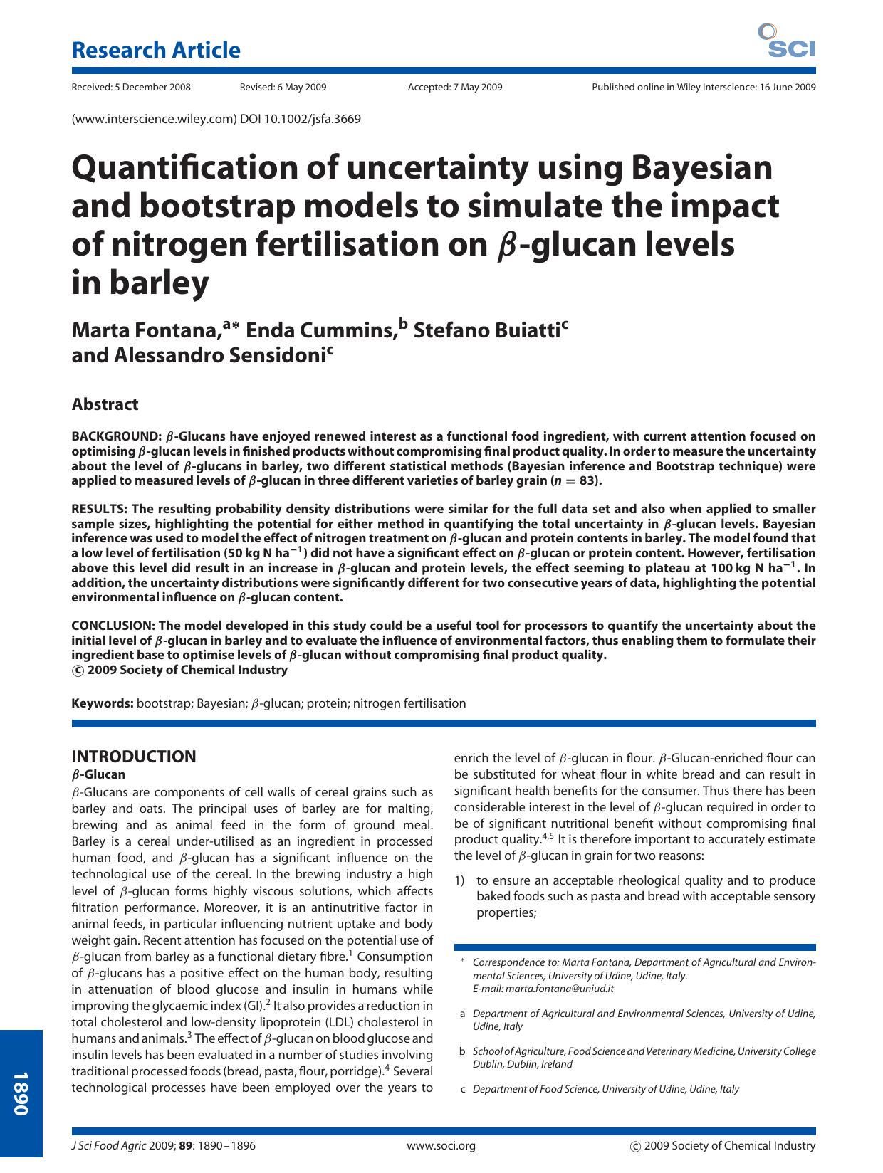 Quantification of uncertainty using Bayesian and bootstrap models to simulate the impact of nitrogen fertilisation on [beta]-glucan levels in barley by Unknown
