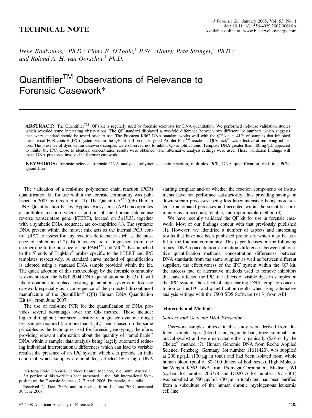 Quantifiler™ Observations of Relevance to Forensic Casework* by Unknown