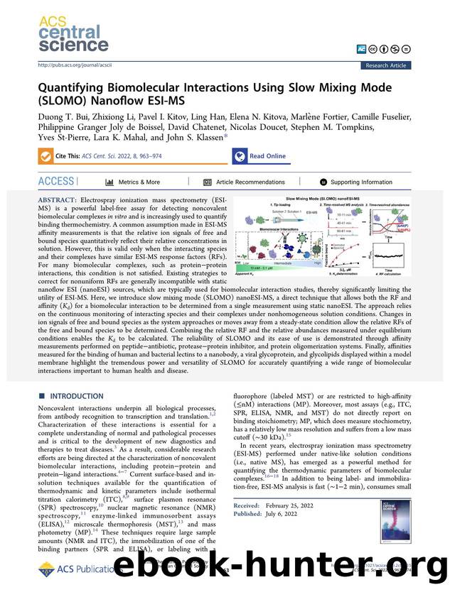 Quantifying Biomolecular Interactions Using Slow Mixing Mode (SLOMO) Nanoflow ESI-MS by unknow