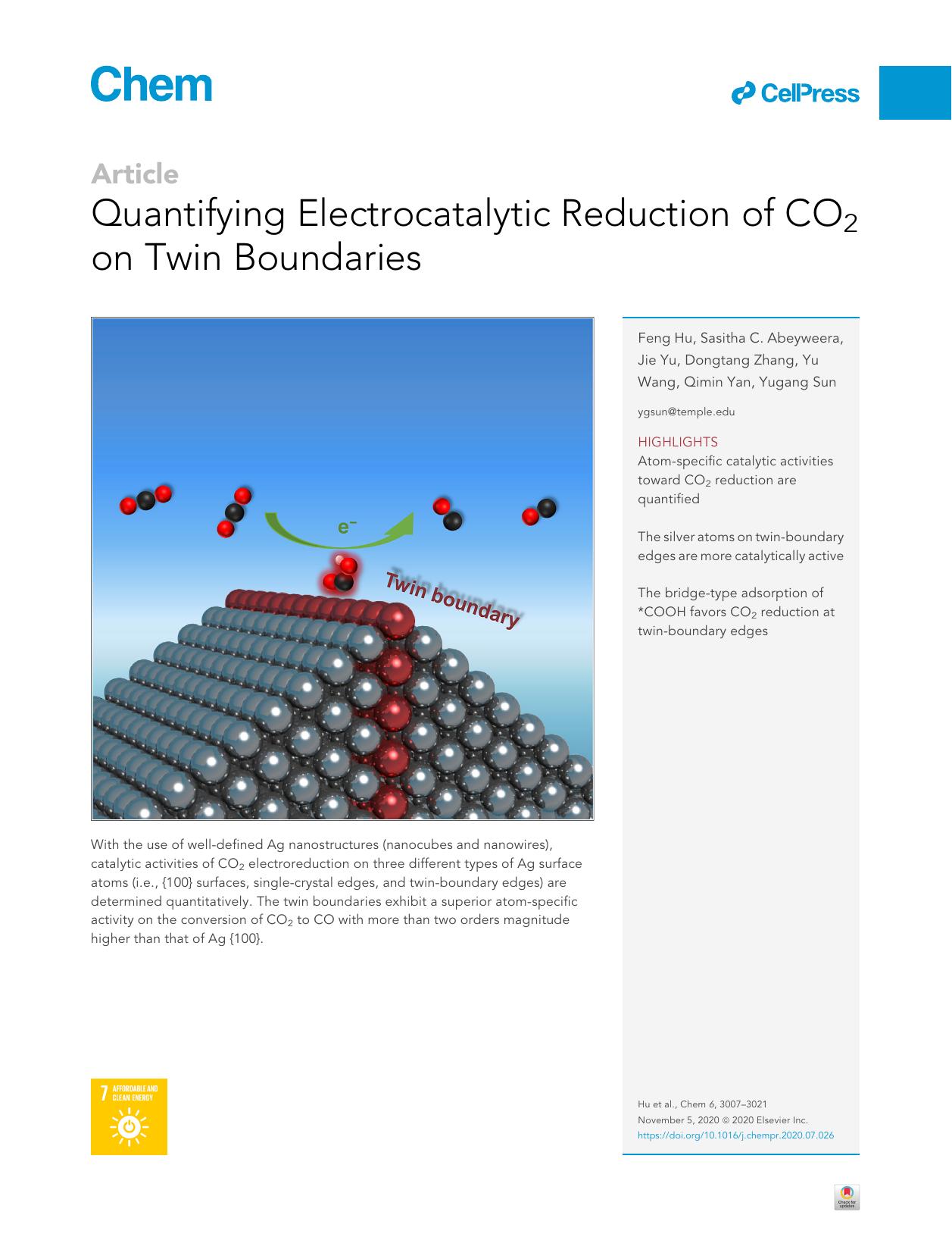 Quantifying Electrocatalytic Reduction of CO2 on Twin Boundaries by Feng Hu