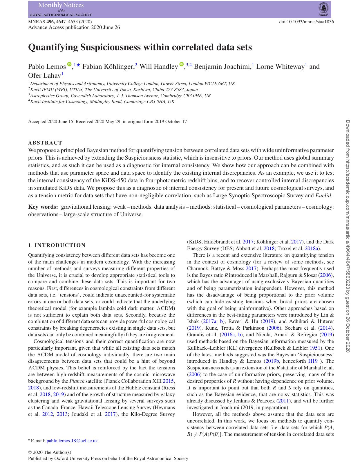 Quantifying Suspiciousness within correlated data sets by Pablo Lemos & Fabian Köhlinger & Will Handley & Benjamin Joachimi & Lorne Whiteway & Ofer Lahav