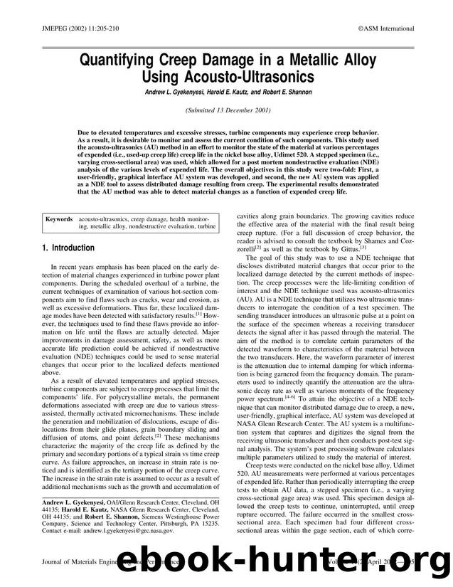 Quantifying creep damage in a metallic alloy using acousto-ultrasonics by Unknown