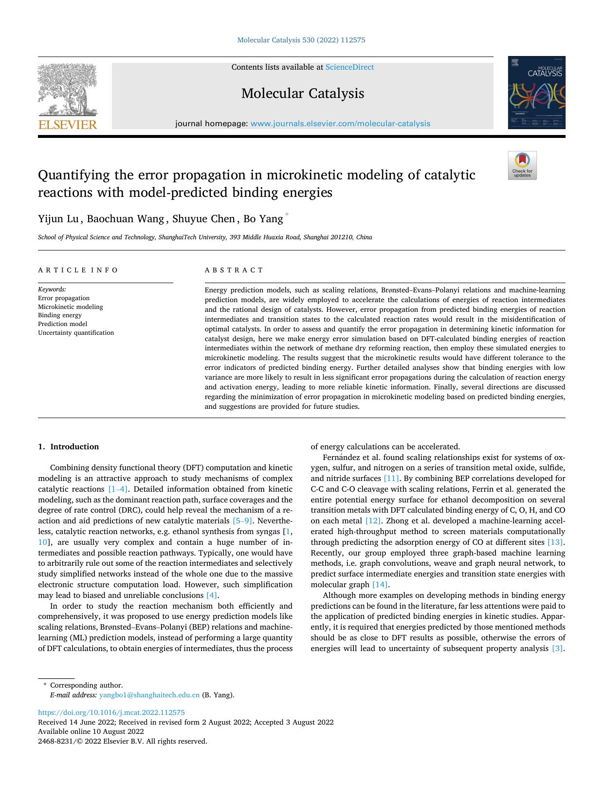Quantifying the error propagation in microkinetic modeling of catalytic reactions with model-predicted binding energies by Yijun Lu & Baochuan Wang & Shuyue Chen & Bo Yang