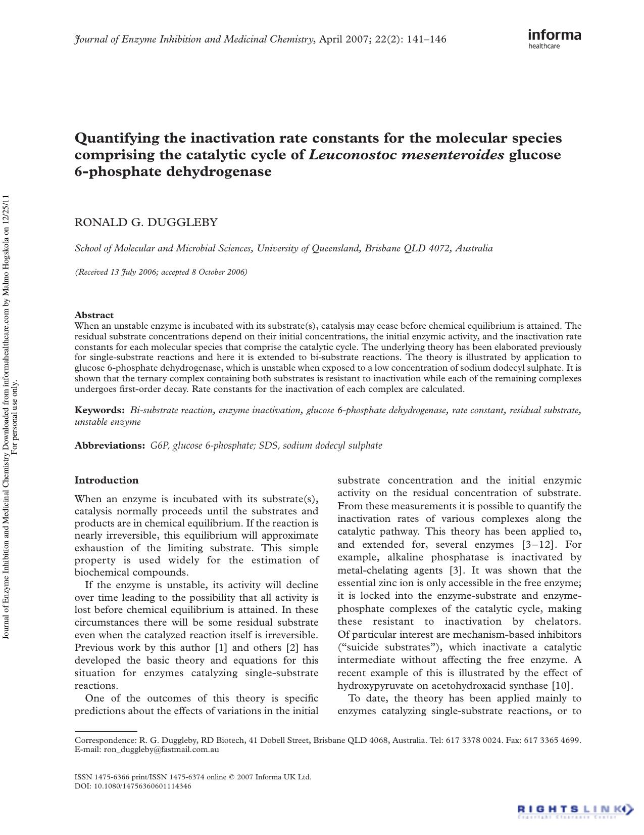 Quantifying the inactivation rate constants for the molecular species comprising the catalytic cycle of Leuconostoc mesenteroides glucose 6-phosphate dehydrogenase by Ronald G. Duggleby