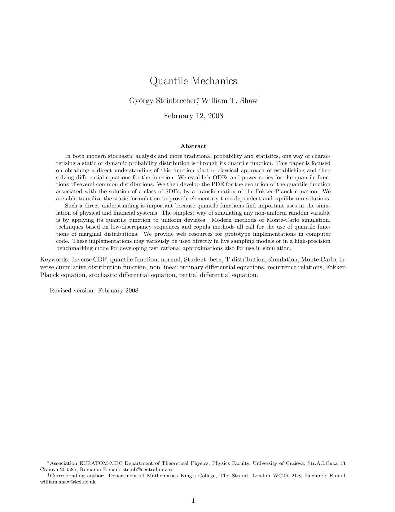 Quantile Mechanics by Steinbrecher G. Shaw W.T