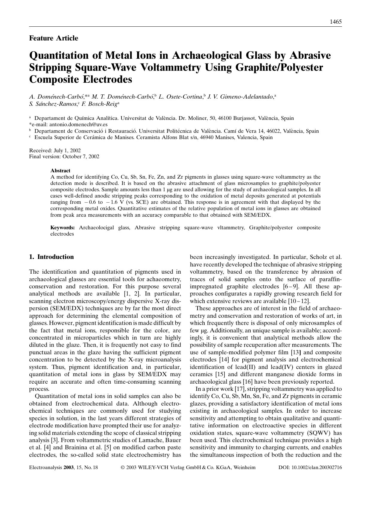Quantitation of Metal Ions in Archaeological Glass by Abrasive Stripping Square-Wave Voltammetry Using GraphitePolyester Composite Electrodes by Unknown