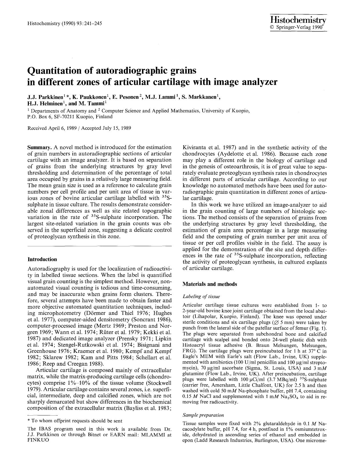 Quantitation of autoradiographic grains in different zones of articular cartilage with image analyzer by Unknown