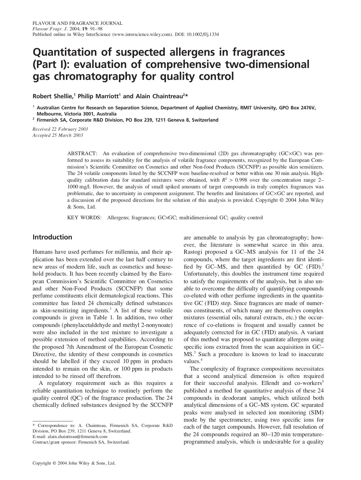 Quantitation of suspected allergens in fragrances (Part I): evaluation of comprehensive two-dimensional gas chromatography for quality control by Fu hai tao