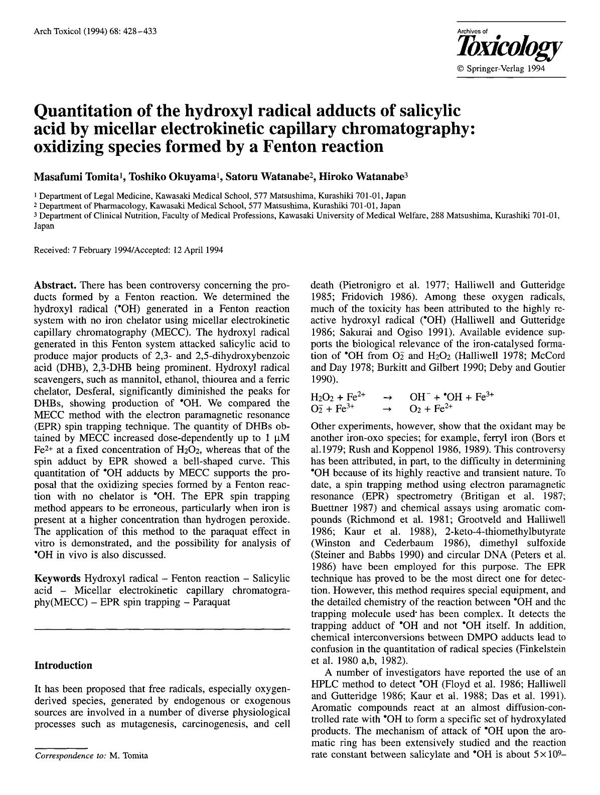 Quantitation of the hydroxyl radical adducts of salicylic acid by micellar electrokinetic capillary chromatography: oxidizing species formed by a Fenton reaction by Unknown