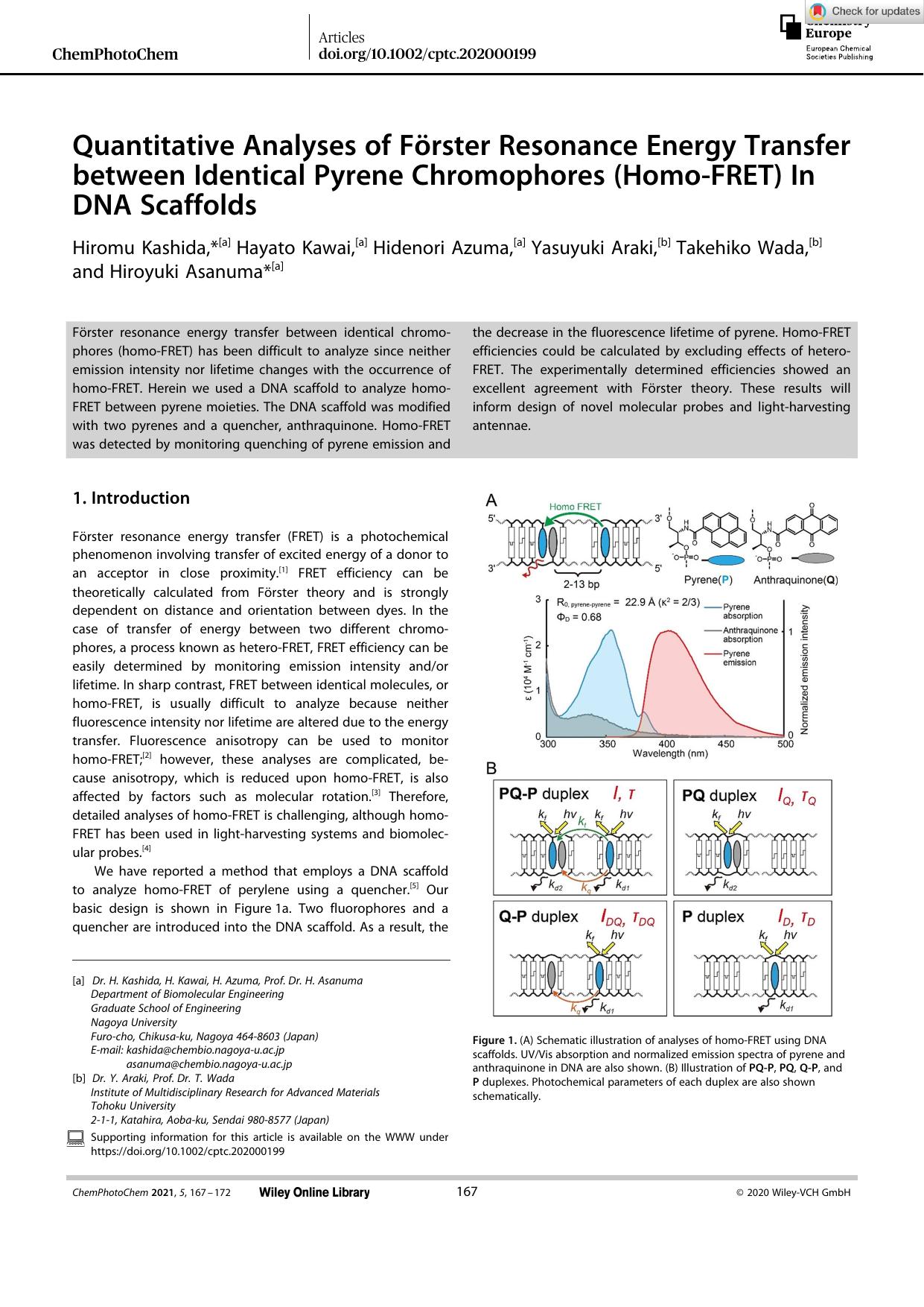Quantitative Analyses of FÃ¶rster Resonance Energy Transfer between Identical Pyrene Chromophores (HomoâFRET) In DNA Scaffolds. by Unknown