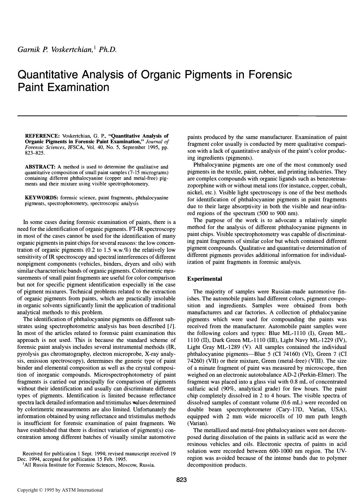 Quantitative Analysis of Organic Pigments in Forensic Paint Examination by Voskertchian GP