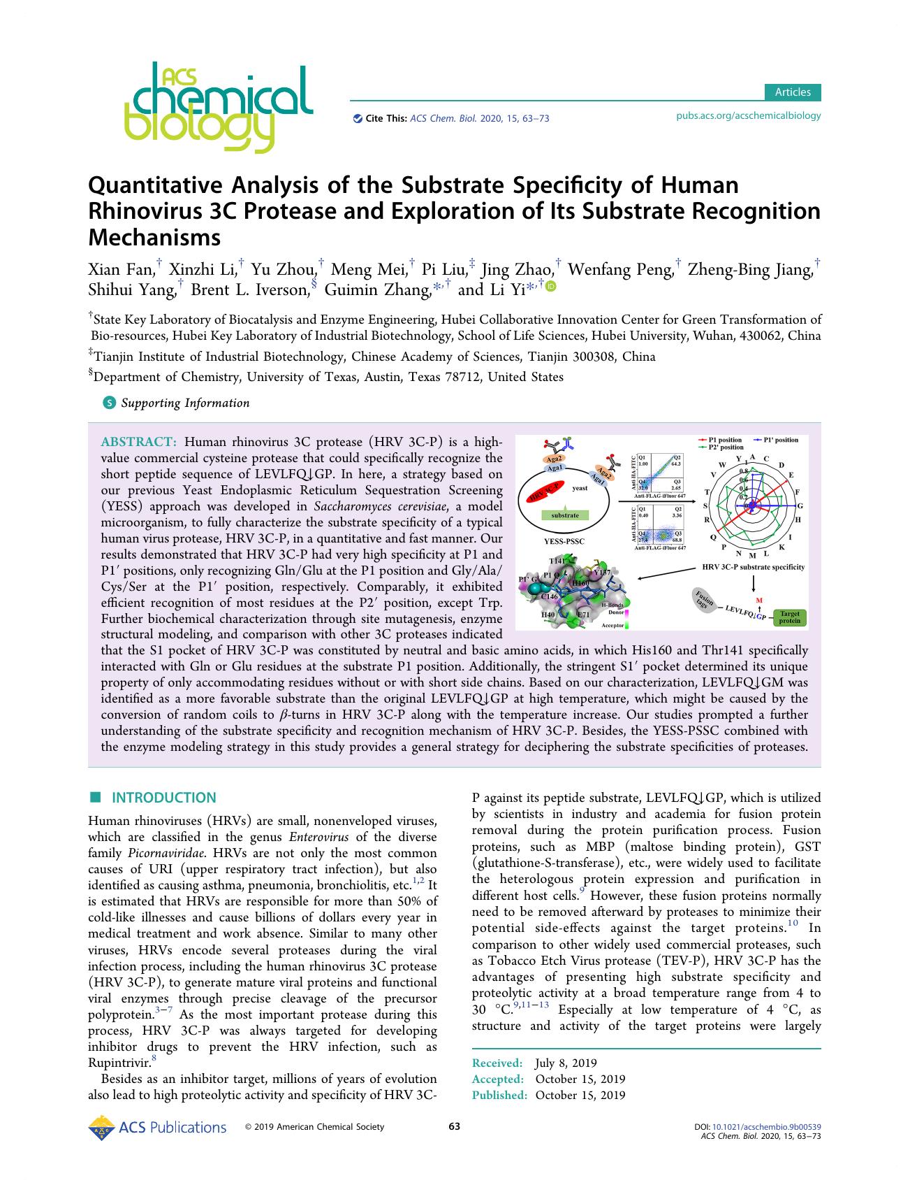 Quantitative Analysis of the Substrate Specificity of Human Rhinovirus 3C Protease and Exploration of Its Substrate Recognition Mechanisms by unknow