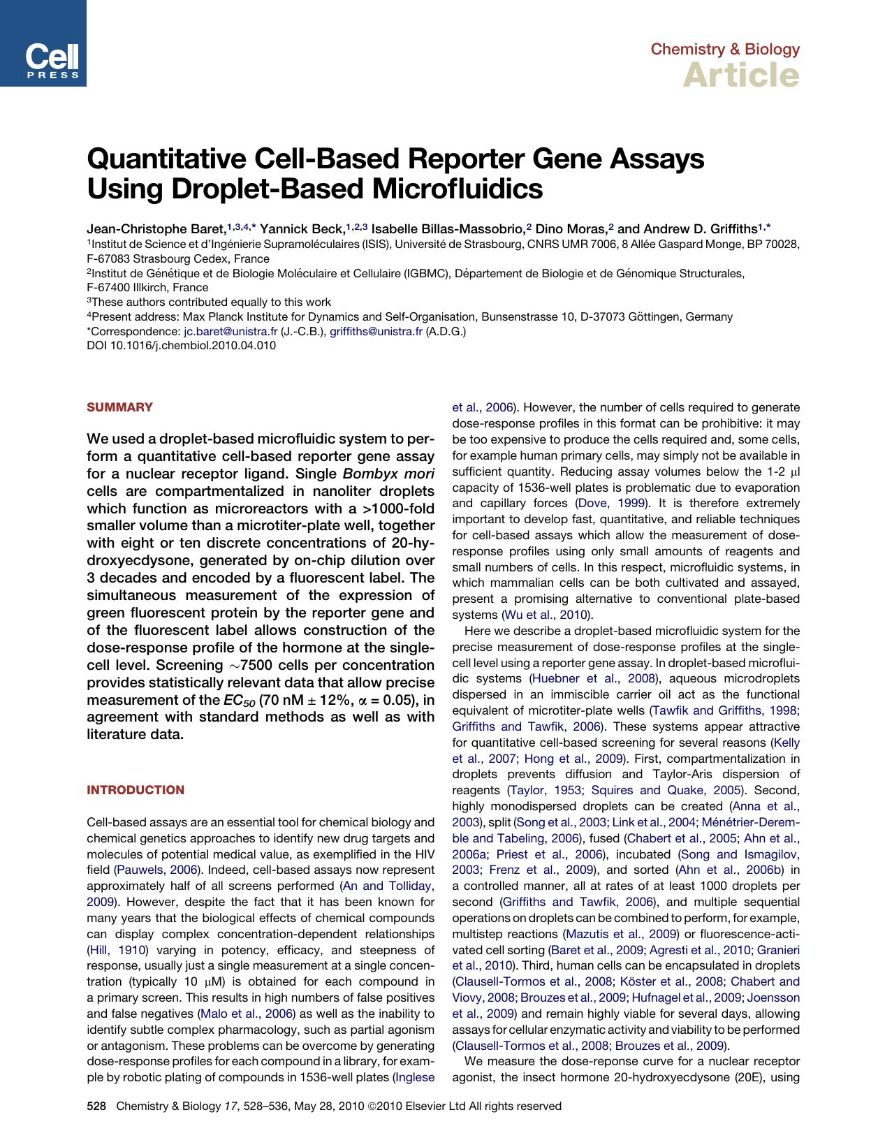 Quantitative Cell-Based Reporter Gene Assays Using Droplet-Based Microfluidics by Jean-Christophe Baret & Yannick Beck & Isabelle Billas-Massobrio & Dino Moras & Andrew D. Griffiths
