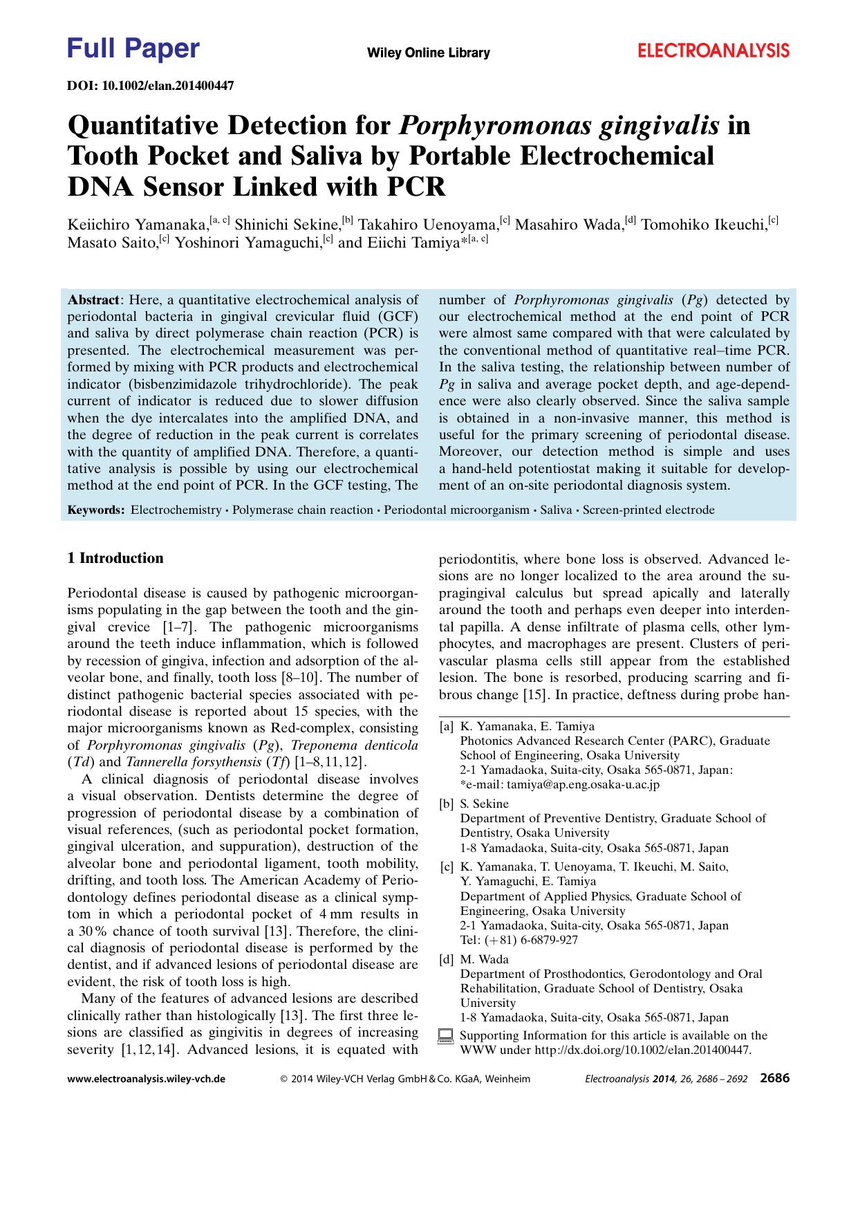 Quantitative Detection for Porphyromonas gingivalis in Tooth Pocket and Saliva by Portable Electrochemical DNA Sensor Linked with PCR by Unknown