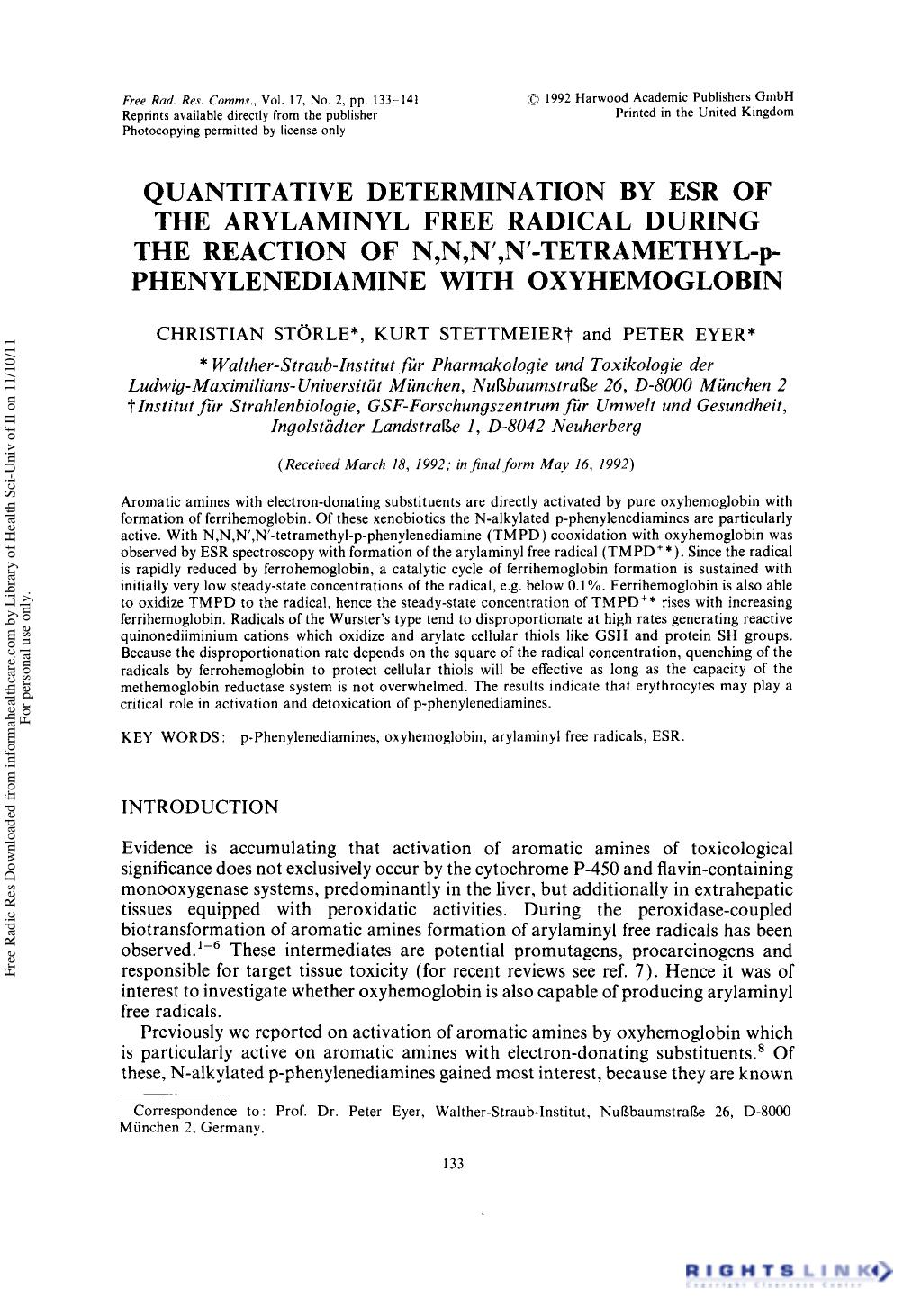 Quantitative Determination by Esr of the Arylaminyl Free Radical During the Reaction of N,N,N',N'-Tetramethyl-P-Phenylenediamine with Oxyhemoglobin by Christian Störle1 Kurt Stettmeier2 & Peter Eyer1†
