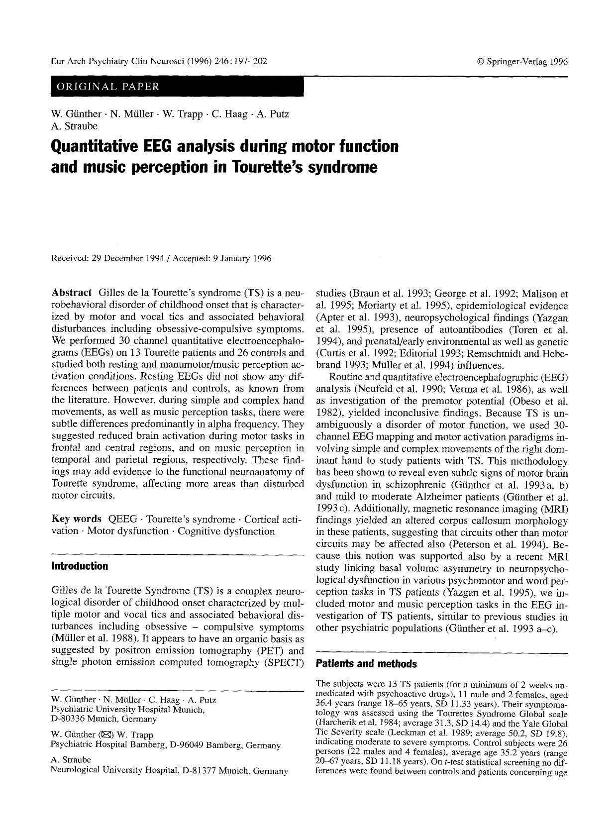 Quantitative EEG analysis during motor function and music perception in Tourette's syndrome by Unknown