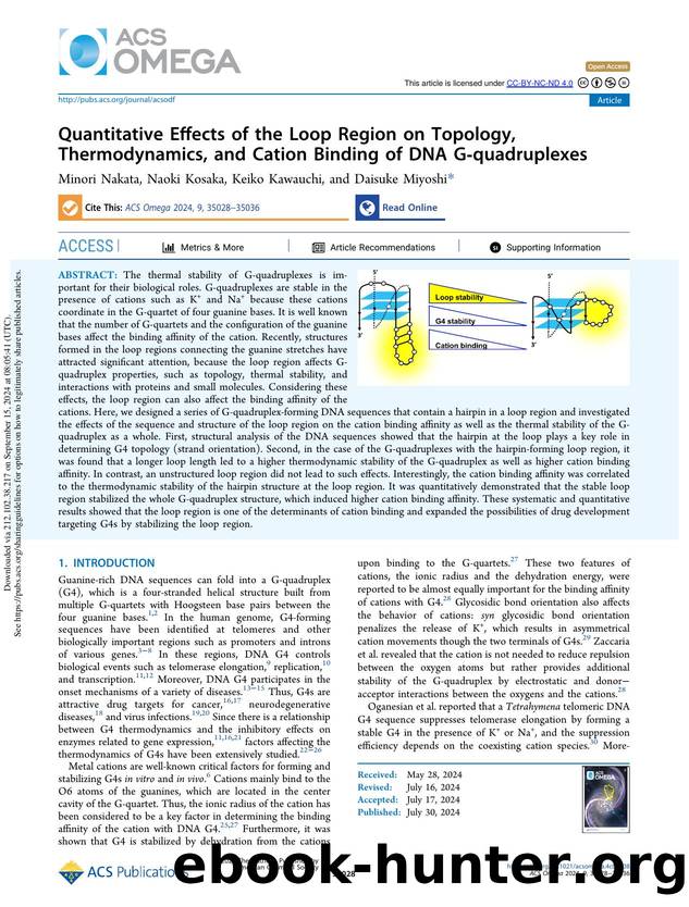 Quantitative Effects of the Loop Region on Topology, Thermodynamics, and Cation Binding of DNA G-quadruplexes by Minori Nakata Naoki Kosaka Keiko Kawauchi & Daisuke Miyoshi