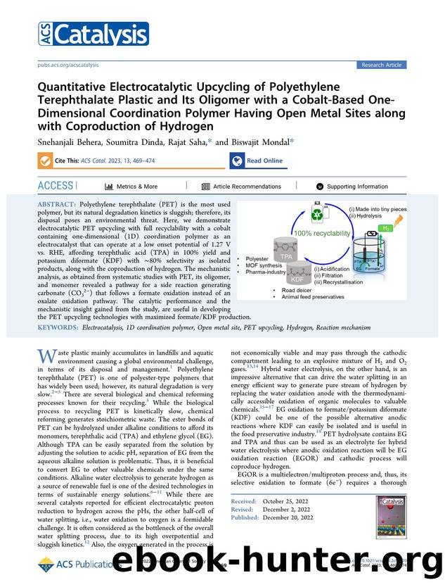 Quantitative Electrocatalytic Upcycling of Polyethylene Terephthalate Plastic and Its Oligomer with a Cobalt-Based One-Dimensional Coordination Polymer Having Open Metal Sites alon by Snehanjali Behera Soumitra Dinda Rajat Saha and Biswajit Mondal