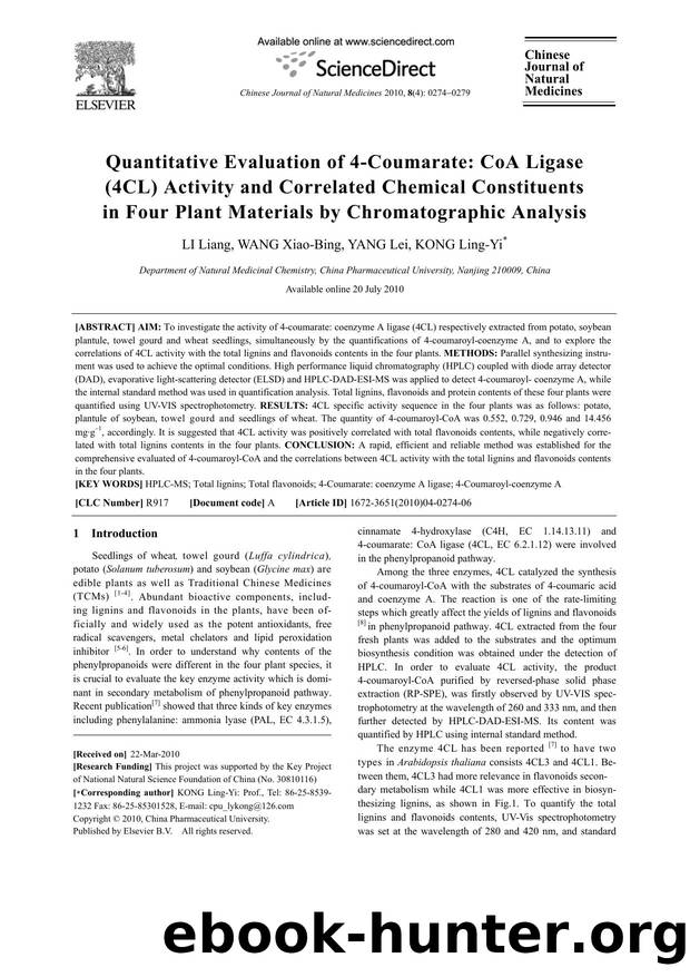 Quantitative Evaluation of 4-Coumarate: CoA Ligase (4CL) Activity and Correlated Chemical Constituents in Four Plant Materials by Chromatographic Analysis by Liang LI; Xiao-Bing WANG; Lei YANG; Ling-Yi KONG