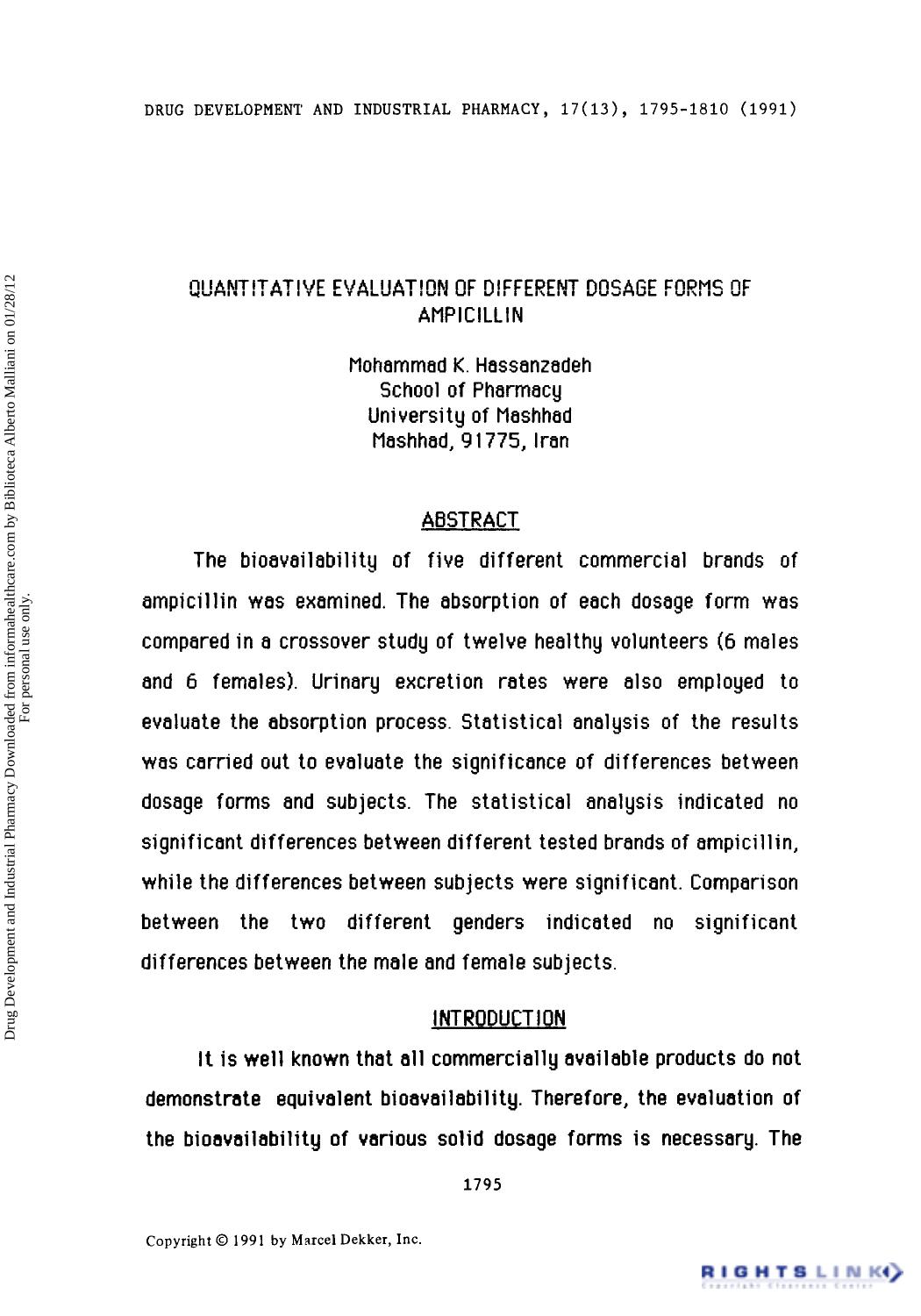 Quantitative Evaluation of Different Dosage Forms of Ampicillin by Mohammad K. Hassanzadeh