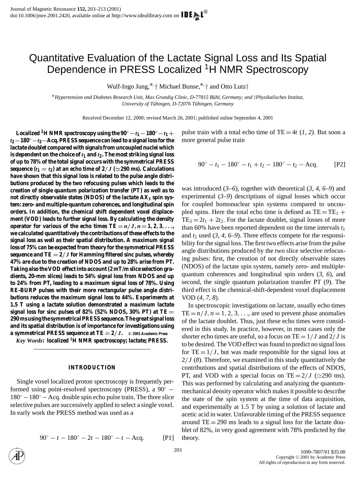 Quantitative Evaluation of the Lactate Signal Loss and Its Spatial by Jung W.-I. et al