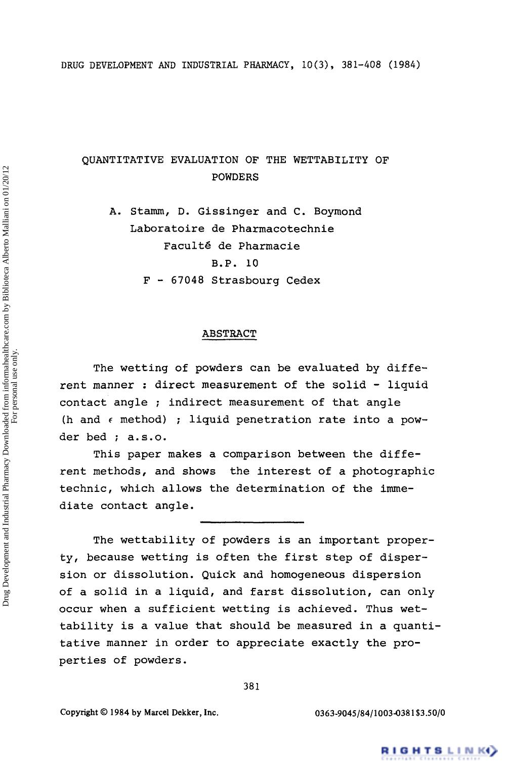 Quantitative Evaluation of the Wettability of Powders by A. Stamm D. Gissinger & C. Boymond