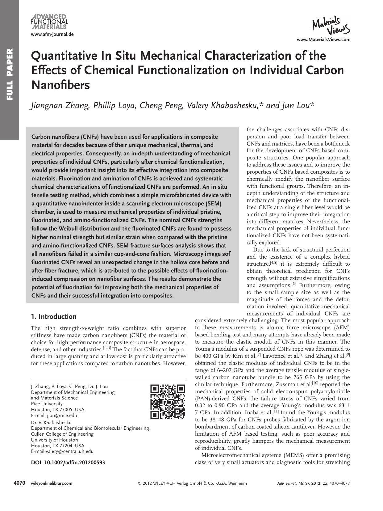 Quantitative In Situ Mechanical Characterization of the Effects of Chemical Functionalization on Individual Carbon Nanofibers by vng