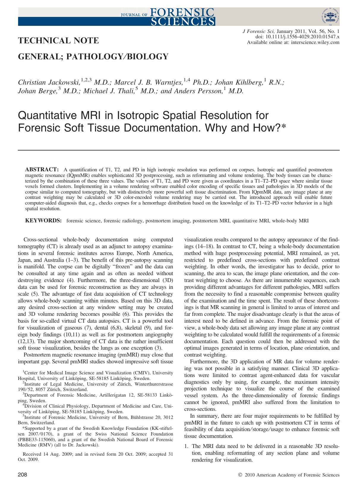 Quantitative MRI in Isotropic Spatial Resolution for Forensic Soft Tissue Documentation. Why and How? by Unknown