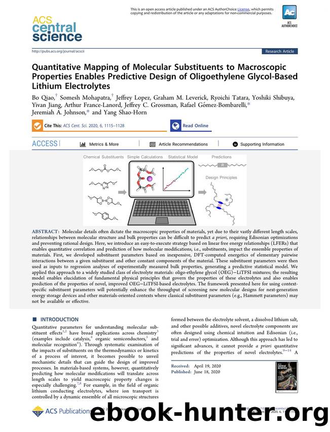 Quantitative Mapping of Molecular Substituents to Macroscopic Properties Enables Predictive Design of Oligoethylene Glycol-Based Lithium Electrolytes by unknow