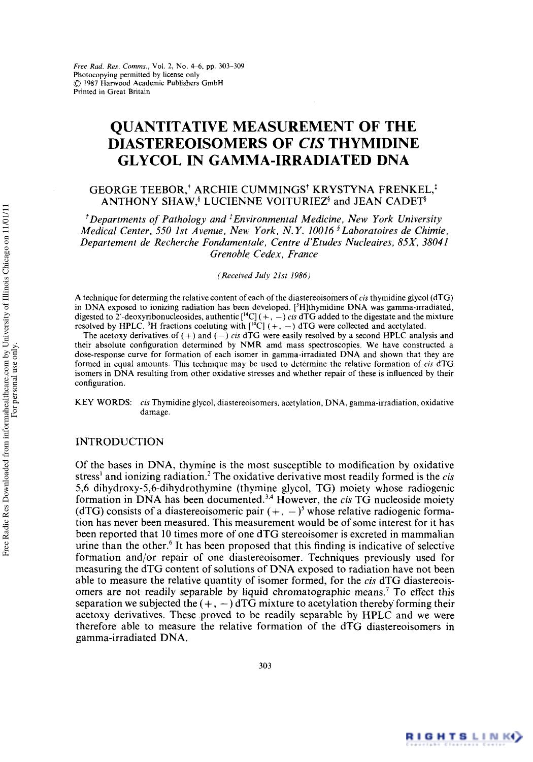 Quantitative Measurement of the Diastereoisomers of CIS Thymidine Glycol in Gamma-Irradiated DNA by unknow