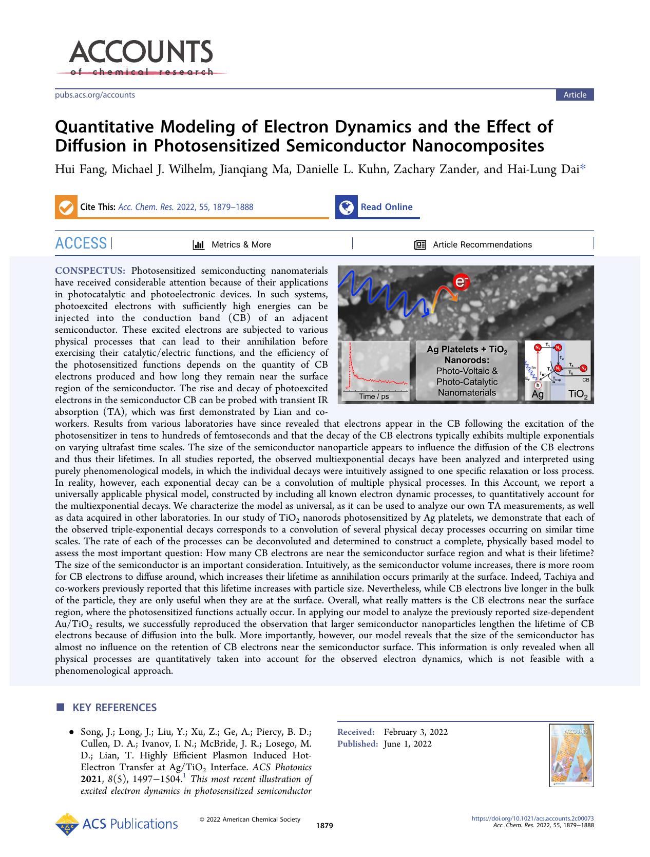 Quantitative Modeling of Electron Dynamics and the Effect of Diffusion in Photosensitized Semiconductor Nanocomposites by Hui Fang Michael J. Wilhelm Jianqiang Ma Danielle L. Kuhn Zachary Zander and Hai-Lung Dai