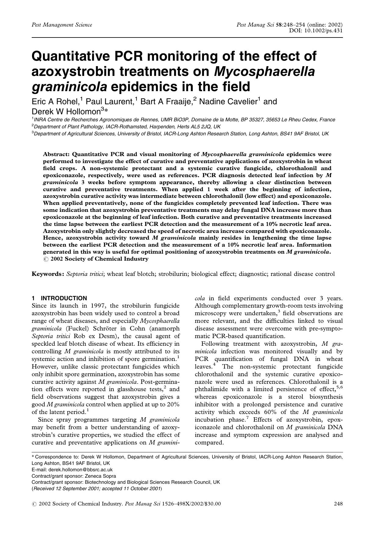 Quantitative PCR monitoring of the effect of azoxystrobin treatments on Mycosphaerella graminicola epidemics in the field by Unknown