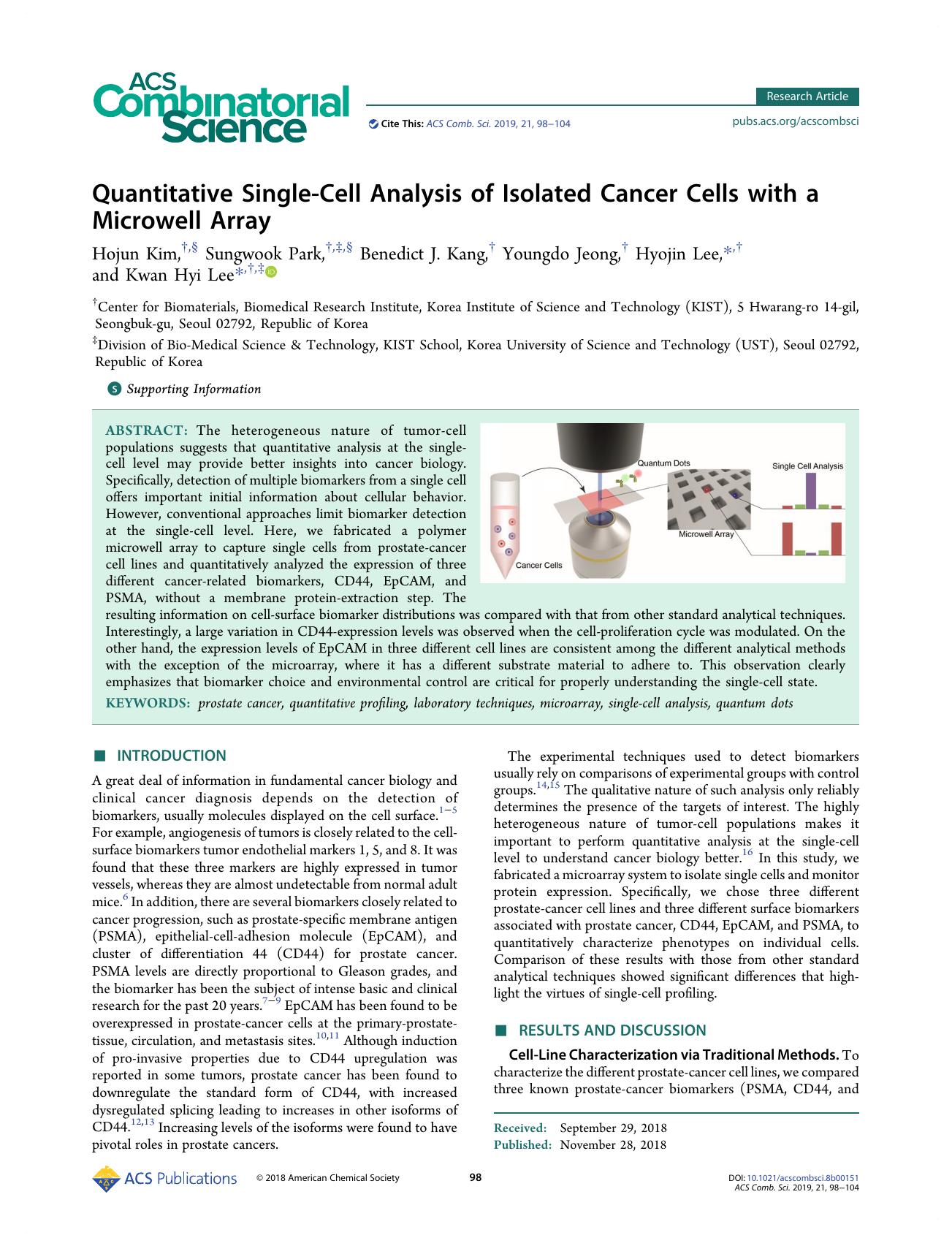 Quantitative Single-Cell Analysis of Isolated Cancer Cells with a Microwell Array by Hojun Kim Sungwook Park Benedict J. Kang Youngdo Jeong Hyojin Lee and Kwan Hyi Lee