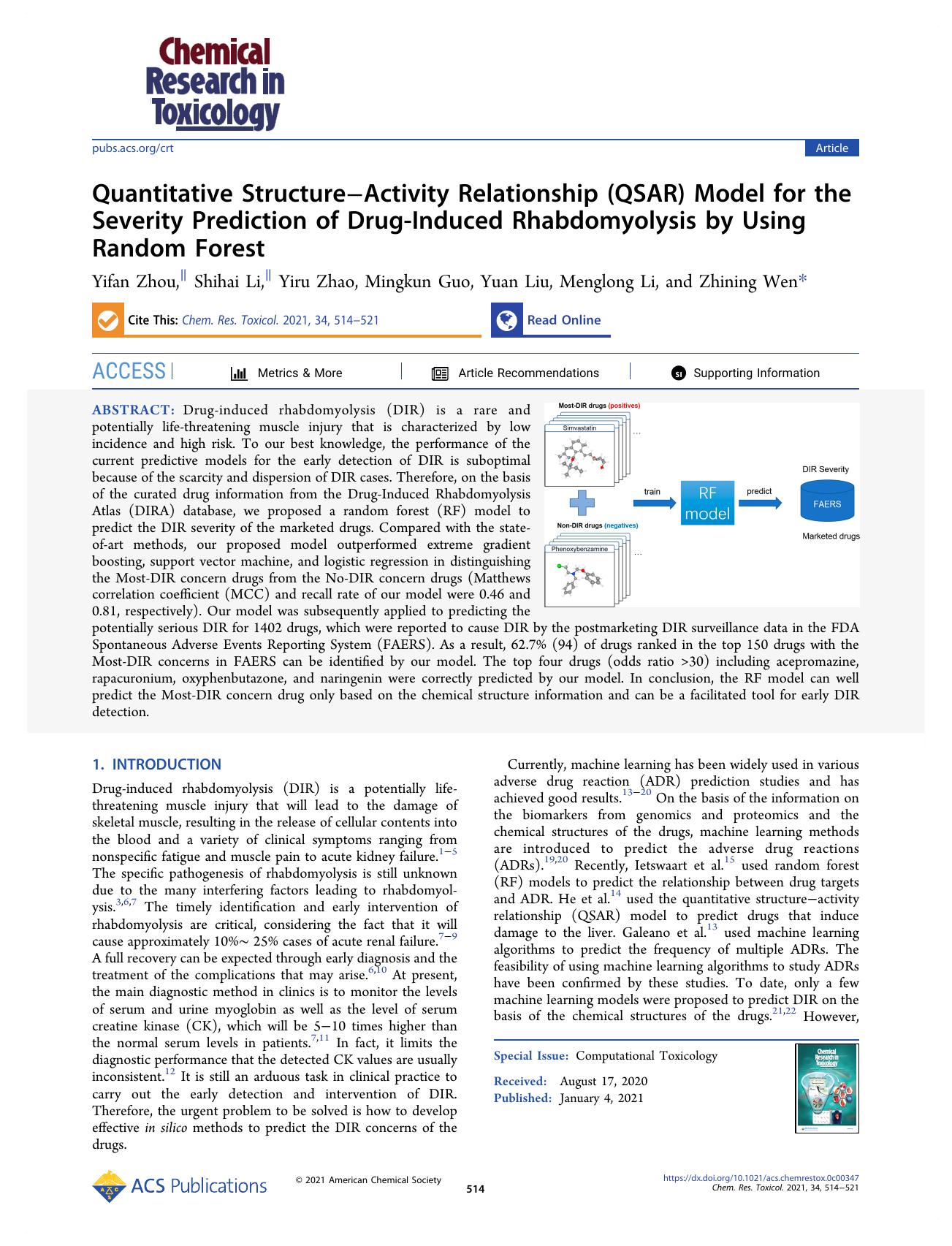 Quantitative StructureâActivity Relationship (QSAR) Model for the Severity Prediction of Drug-Induced Rhabdomyolysis by Using Random Forest by Yifan Zhou Shihai Li Yiru Zhao Mingkun Guo Yuan Liu Menglong Li and Zhining Wen