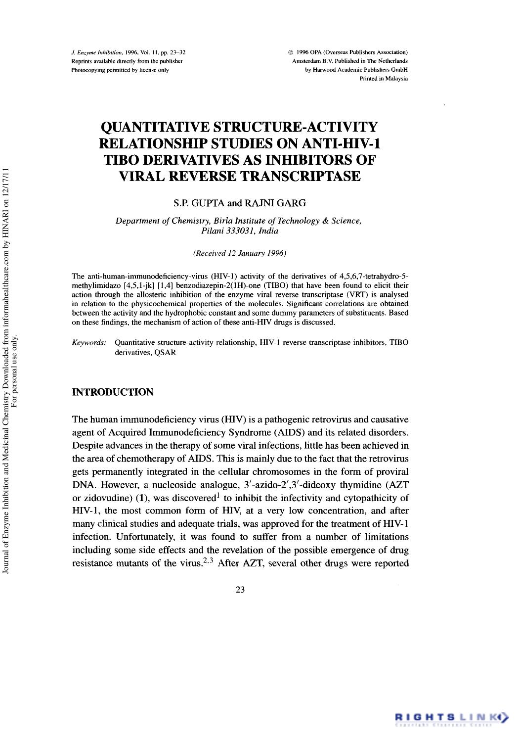 Quantitative Structure-Activity Relationship Studies on Anti-Hiv-1 Tibo Derivatives as Inhibitors of Viral Reverse Transcriptase by S. P. Gupta & Rajni Garg