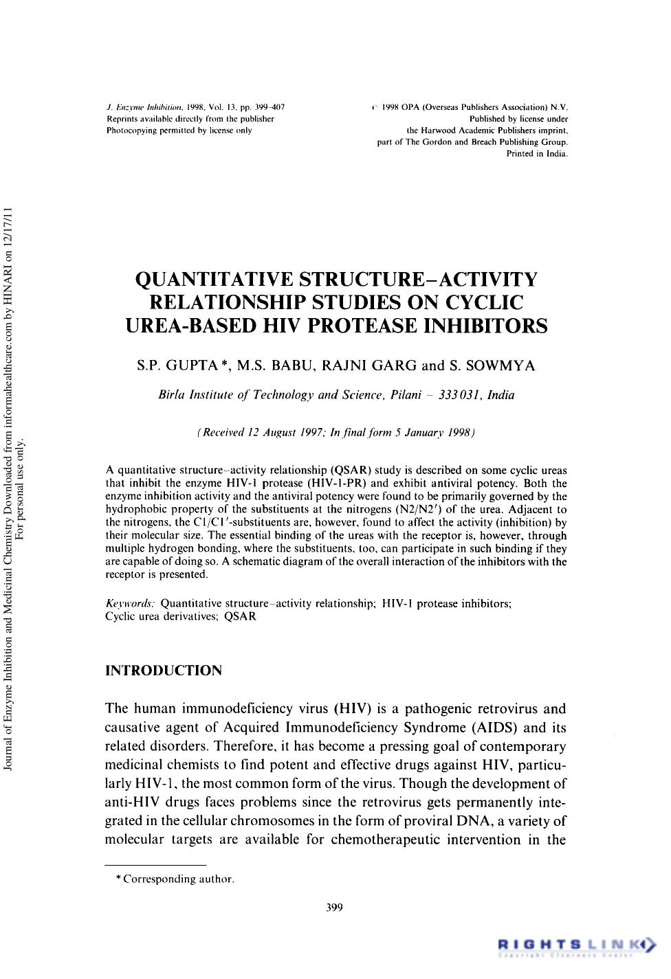 Quantitative Structure-Activity Relationship Studies on Cyclic Urea-Based HIV Protease Inhibitors by S. P. Gupta M. S. Babu Rajni Garg & S. Sowmya